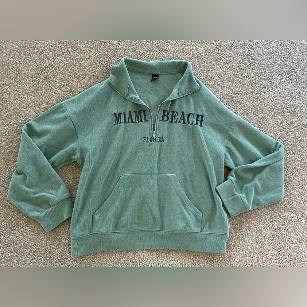 Olive Green Sweatshirt zip front pullover Miami Beach